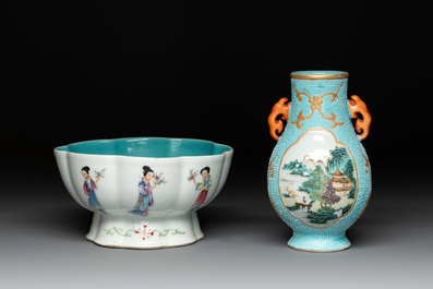 A Chinese famille rose turquoise-ground 'hu' vase and a 'ladies' bowl, Qianlong mark, Republic