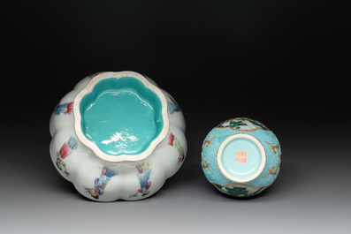 A Chinese famille rose turquoise-ground 'hu' vase and a 'ladies' bowl, Qianlong mark, Republic