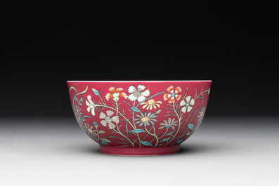 A Chinese famille rose ruby-ground 'peony' bowl, Yongzheng mark, 19/20th C.