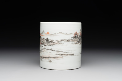 A Chinese grisaille and iron-red 'landscape' brush pot, Ju Ren Tang mark, Republic