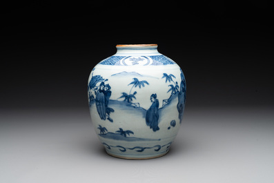 A Chinese blue and white globular vase with figures in a landscape, hare mark, Wanli