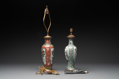 A Chinese famille verte covered jar, two vases mounted as lamps and a tazza, 19th C.