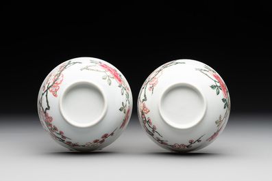 A pair of fine Chinese famille rose cups and saucers with floral design, Yongzheng