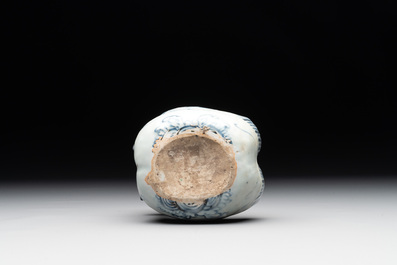A Chinese blue and white 'double mandarin duck' ewer or water dropper on wooden stand, Ming, ca. 1500