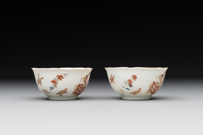 A pair of fine Chinese export 'Liberty and Matrimony' cups and saucers, Yongzheng