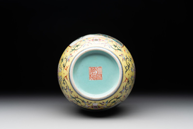 A Chinese famille rose yellow-ground lantern-shaped 'landscape' vase, Qianlong mark, Republic