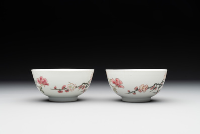 A pair of fine Chinese famille rose cups and saucers with floral design, Yongzheng