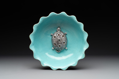 A Chinese famille rose 'lotus' bowl with turtle-shaped flower holder, Qianlong mark and of the period