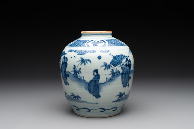 A Chinese blue and white globular vase with figures in a landscape, hare mark, Wanli