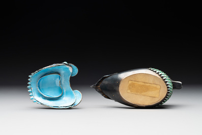 Two Chinese precious stone inset, enamelled and filigree silver mandarin duck-form boxes and covers, 19/20th C.