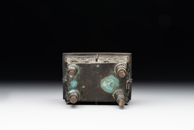 A Chinese archaistic gold and silver-inlaid bronze rectangular bronze censer, 'fangding 方鼎', Ming
