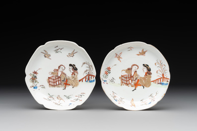 A pair of fine Chinese export 'Liberty and Matrimony' cups and saucers, Yongzheng