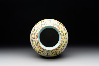 A Chinese famille rose yellow-ground lantern-shaped 'landscape' vase, Qianlong mark, Republic