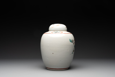 A Chinese famille verte covered jar, two vases mounted as lamps and a tazza, 19th C.