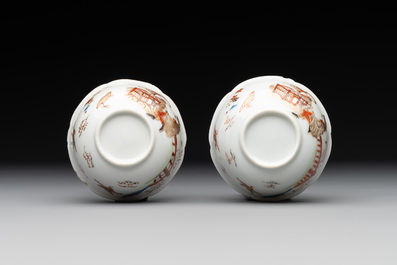 A pair of fine Chinese export 'Liberty and Matrimony' cups and saucers, Yongzheng