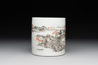 A Chinese grisaille and iron-red 'landscape' brush pot, Ju Ren Tang mark, Republic