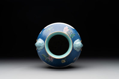 A Chinese famille rose blue-sgraffito-ground 'hu' vase, Qianlong mark, Republic