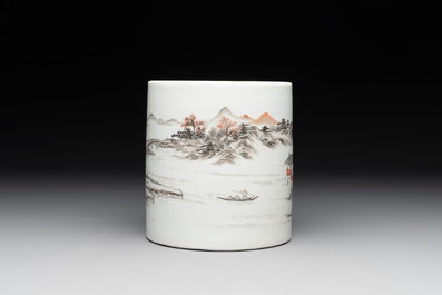 A Chinese grisaille and iron-red 'landscape' brush pot, Ju Ren Tang mark, Republic