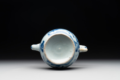 A Chinese silver-mounted blue and white 'Mongolian hunt' ewer, Transitional period