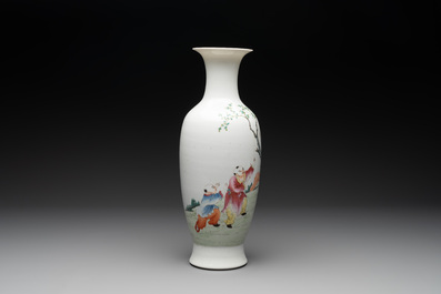 A Chinese famille rose 'playing boys' baluster vase, Hongxian mark, Republic