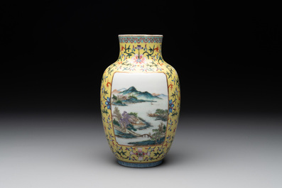 A Chinese famille rose yellow-ground lantern-shaped 'landscape' vase, Qianlong mark, Republic