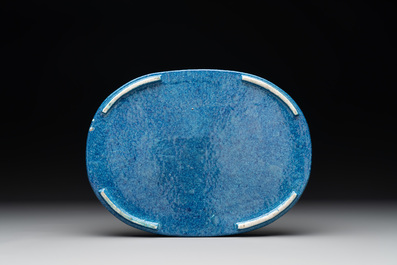 A Chinese robin's egg-glazed narcissus basin with a wooden stand, 19th C.