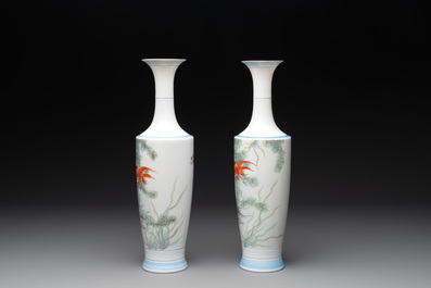 A pair of Chinese famille rose eggshell 'goldfish' vases, 20th C.