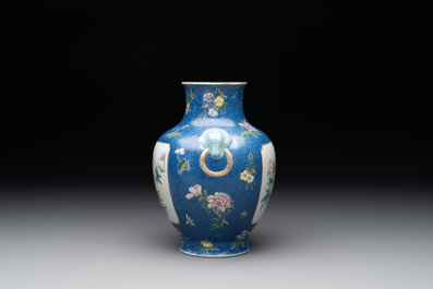 A Chinese famille rose blue-sgraffito-ground 'hu' vase, Qianlong mark, Republic