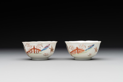 A pair of fine Chinese export 'Liberty and Matrimony' cups and saucers, Yongzheng