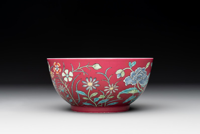 A Chinese famille rose ruby-ground 'peony' bowl, Yongzheng mark, 19/20th C.