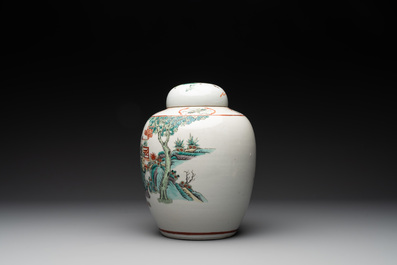 A Chinese famille verte covered jar, two vases mounted as lamps and a tazza, 19th C.