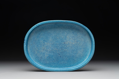 A Chinese robin's egg-glazed narcissus basin with a wooden stand, 19th C.