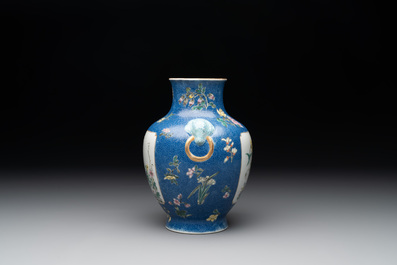 A Chinese famille rose blue-sgraffito-ground 'hu' vase, Qianlong mark, Republic