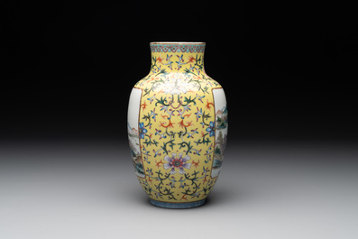A Chinese famille rose yellow-ground lantern-shaped 'landscape' vase, Qianlong mark, Republic