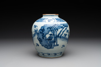 A Chinese blue and white globular vase with figures in a landscape, hare mark, Wanli