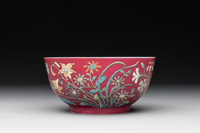 A Chinese famille rose ruby-ground 'peony' bowl, Yongzheng mark, 19/20th C.