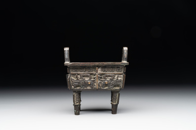 A Chinese archaistic gold and silver-inlaid bronze rectangular bronze censer, 'fangding 方鼎', Ming