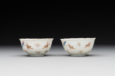 A pair of fine Chinese export 'Liberty and Matrimony' cups and saucers, Yongzheng