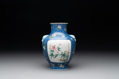 A Chinese famille rose blue-sgraffito-ground 'hu' vase, Qianlong mark, Republic