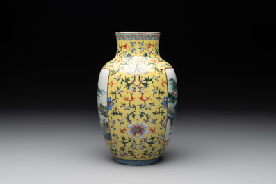 A Chinese famille rose yellow-ground lantern-shaped 'landscape' vase, Qianlong mark, Republic
