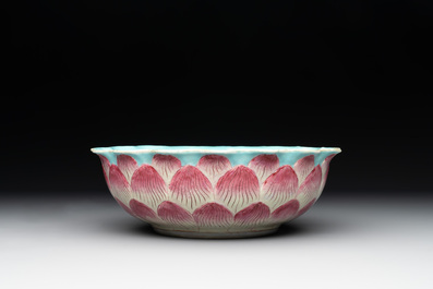 A Chinese famille rose 'lotus' bowl with turtle-shaped flower holder, Qianlong mark and of the period