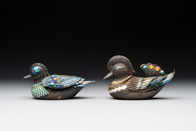 Two Chinese precious stone inset, enamelled and filigree silver mandarin duck-form boxes and covers, 19/20th C.