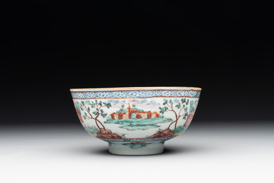 Two Dutch-decorated Chinese blue and white bowls with figures and landscapes, Qianlong