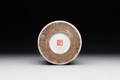 A Chinese grisaille and iron-red 'landscape' brush pot, Ju Ren Tang mark, Republic
