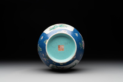 A Chinese famille rose blue-sgraffito-ground 'hu' vase, Qianlong mark, Republic