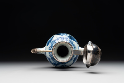 A Chinese silver-mounted blue and white 'Mongolian hunt' ewer, Transitional period