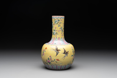 A Chinese famille rose yellow-ground bottle vase, Bao Shan Zhai 寶善斎 mark, 19th C.