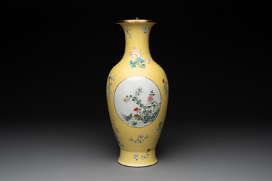 A Chinese famille rose yellow-ground baluster vase, Ju Ren Tang 居仁堂製 mark, Republic