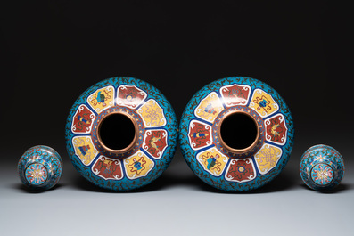 A pair of large Chinese cloisonn&eacute; 'lotus scroll' 'meiping' vases and cover, Republic