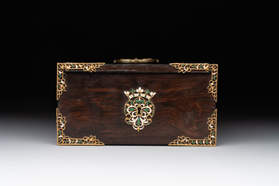 A colonial hardwood writing box with enamelled gold mounts, 18th C.